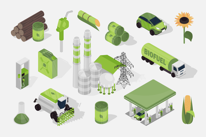 A collage of various uses of biofuels and biodeisel including clipart representations of fuel, fueling stations, powerplants, and argricultrical equipment.