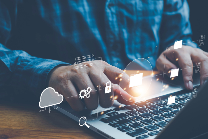 floating images of computing icons including data base and cloud