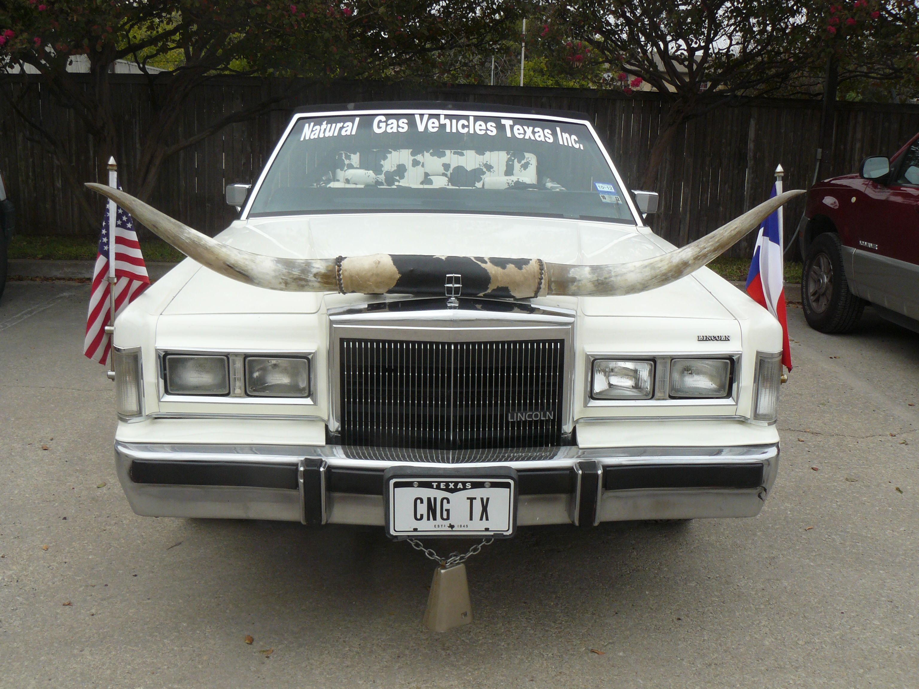 A natural gas vehicle with longhorns on the hood