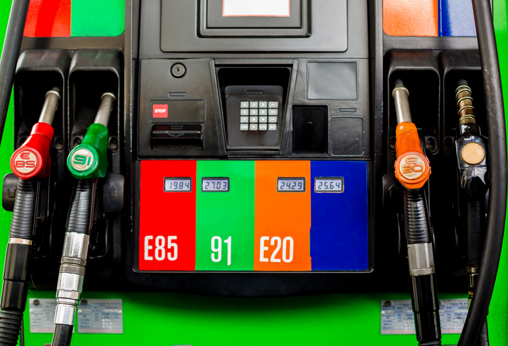Gas pump nozzles in a service station, Close up fuel nozzles at gas station, Panel and Dashboard of fuel nozzles of E85 E20 Gasohol 91and Diesel. The concept of fuel energy. Ethanol available at a fueling station with E20 and E85 available as fuel types.